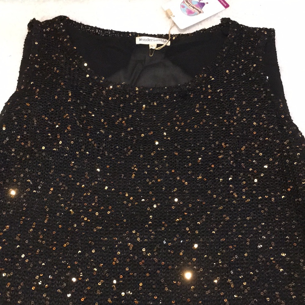 Black Gold Sequin Sleeveless Sweater Tamk Sheer - Picture 2 of 8